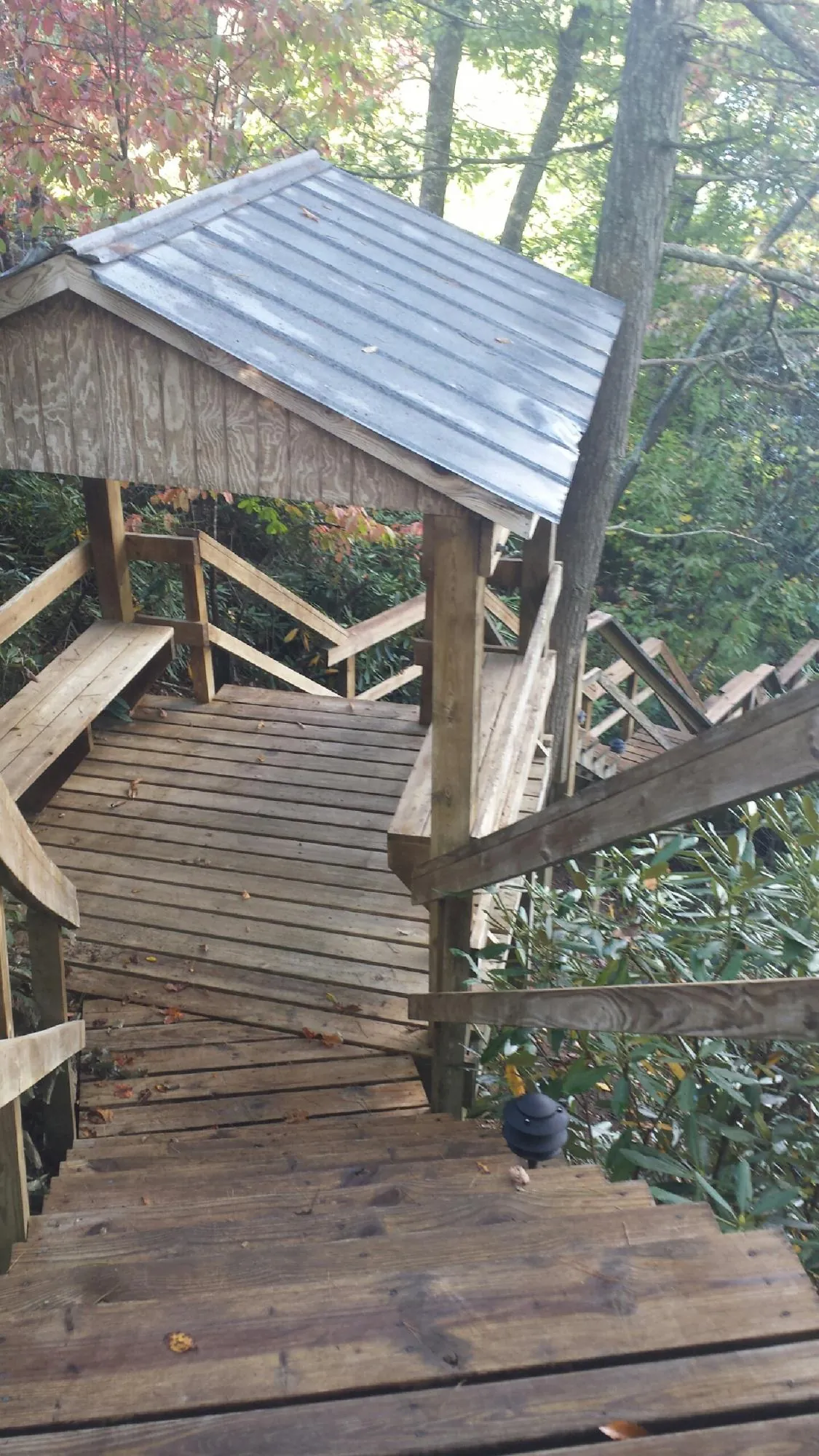 Metal roofed shelter over wooden steps on a wooded walkway — Skylight Repair & Installation work by our crew in Olivet